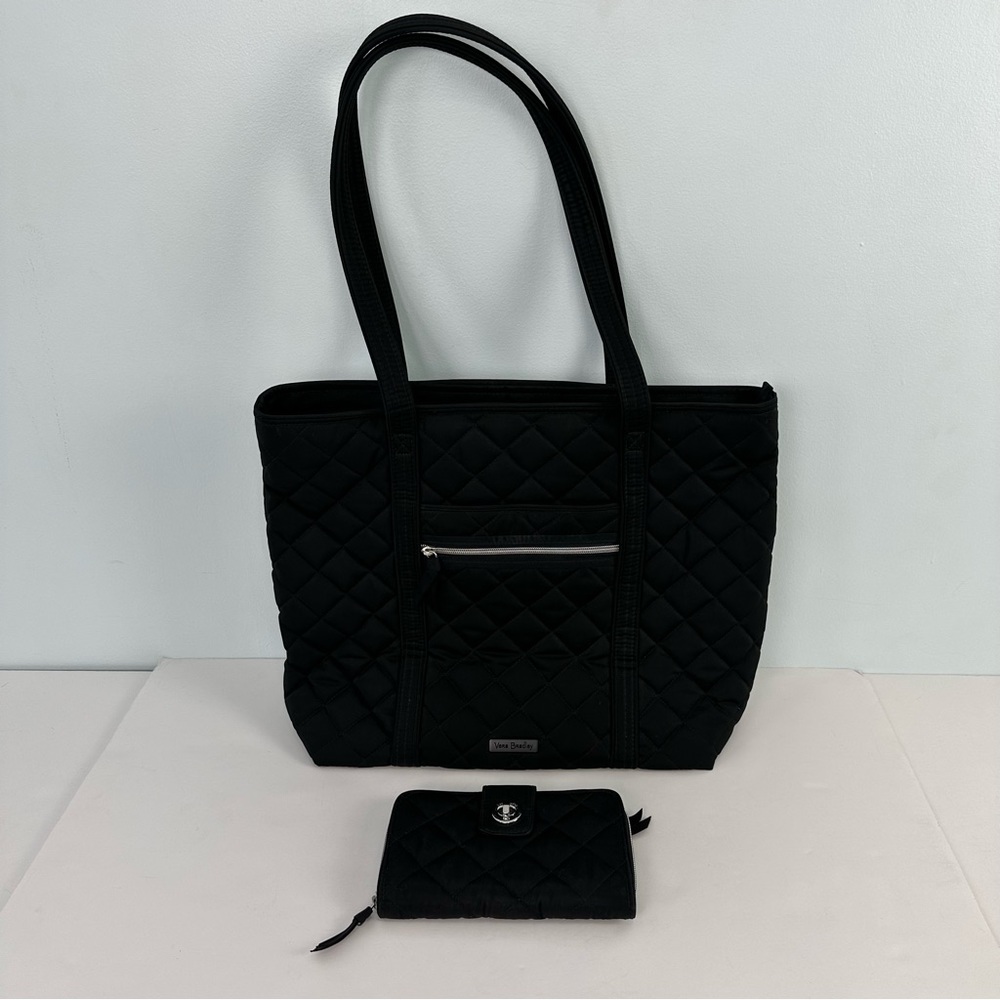 Vera Bradley Black Quilted Tote With Iconic RFID Wallet Floral Interior